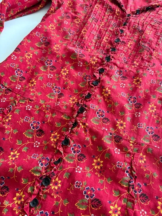 Free People Red Floral Long-Sleeve Shirt Dress y2k size 8 - Picture 3 of 7